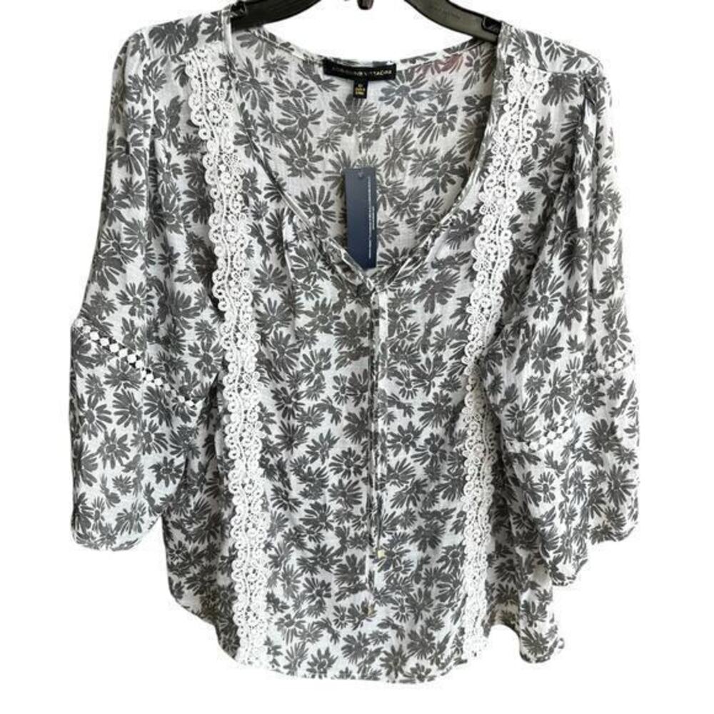 Adrienne Vittadini gray lace floral 3/4 sleeve Beachy Cottagecore NWT plus sz1X